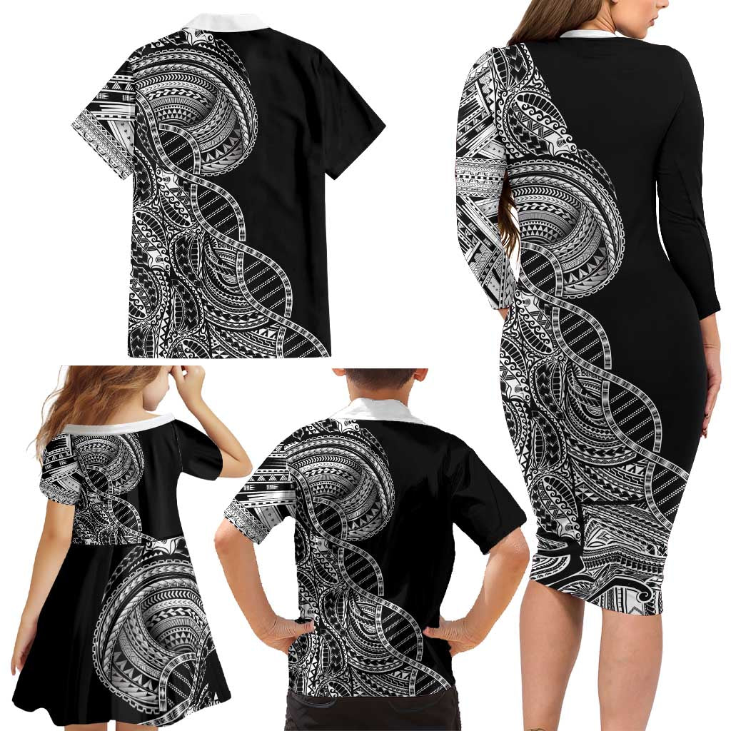 Samoan DNA Art Tattoo Family Matching Long Sleeve Bodycon Dress and Hawaiian Shirt Polynesian Pattern Black Color LT03 - Polynesian Pride