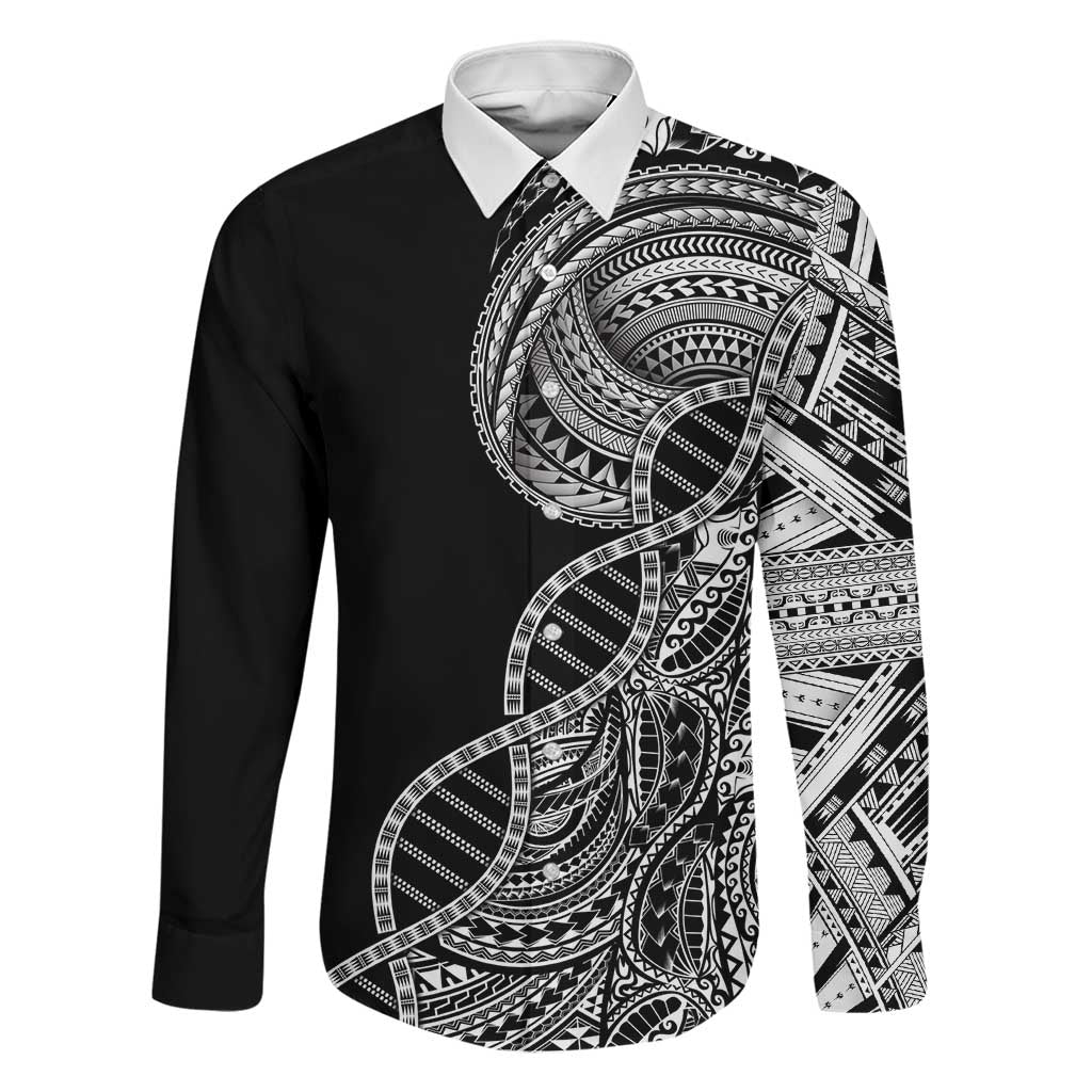 Samoan DNA Art Tattoo Family Matching Long Sleeve Bodycon Dress and Hawaiian Shirt Polynesian Pattern Black Color LT03 Dad's Shirt - Long Sleeve Black - Polynesian Pride