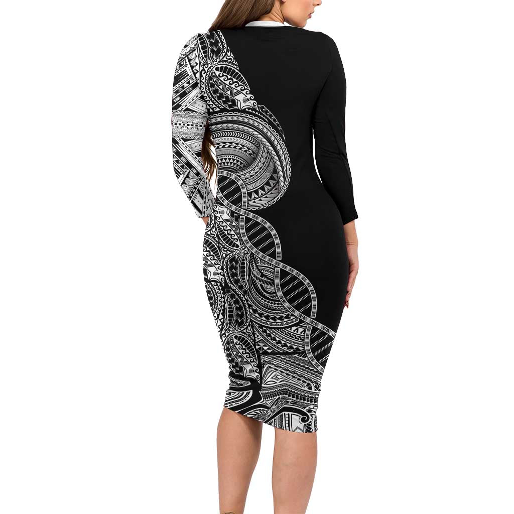 Samoan DNA Art Tattoo Family Matching Long Sleeve Bodycon Dress and Hawaiian Shirt Polynesian Pattern Black Color LT03 - Polynesian Pride