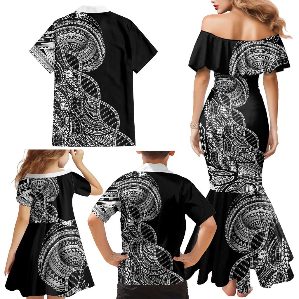 Samoan DNA Art Tattoo Family Matching Mermaid Dress and Hawaiian Shirt Polynesian Pattern Black Color
