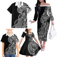 Samoan DNA Art Tattoo Family Matching Off The Shoulder Long Sleeve Dress and Hawaiian Shirt Polynesian Pattern Black Color LT03 - Polynesian Pride