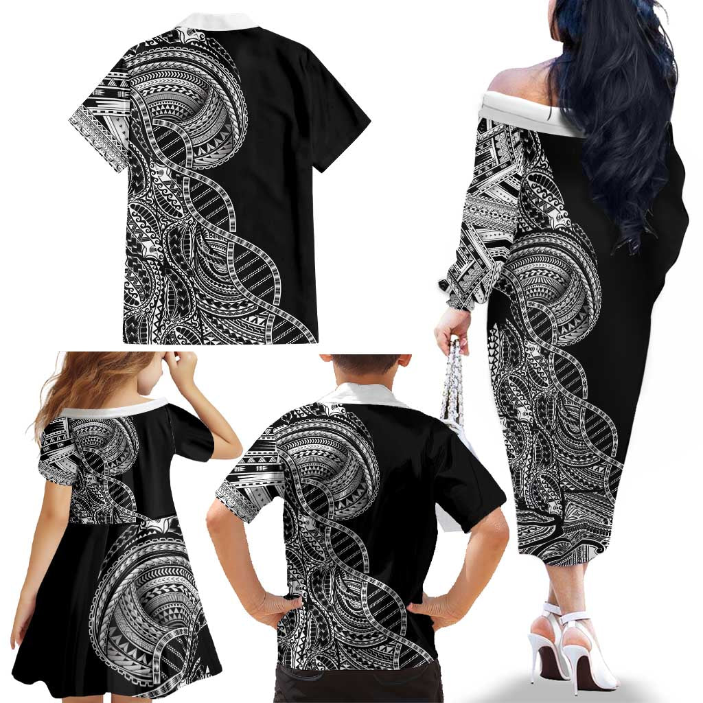 Samoan DNA Art Tattoo Family Matching Off The Shoulder Long Sleeve Dress and Hawaiian Shirt Polynesian Pattern Black Color LT03 - Polynesian Pride