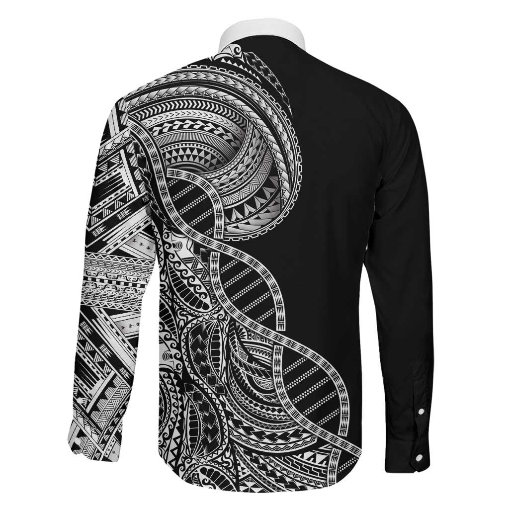 Samoan DNA Art Tattoo Family Matching Off The Shoulder Long Sleeve Dress and Hawaiian Shirt Polynesian Pattern Black Color LT03 - Polynesian Pride