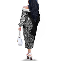 Samoan DNA Art Tattoo Family Matching Off The Shoulder Long Sleeve Dress and Hawaiian Shirt Polynesian Pattern Black Color LT03 - Polynesian Pride