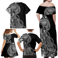 Samoan DNA Art Tattoo Family Matching Off Shoulder Maxi Dress and Hawaiian Shirt Polynesian Pattern Black Color