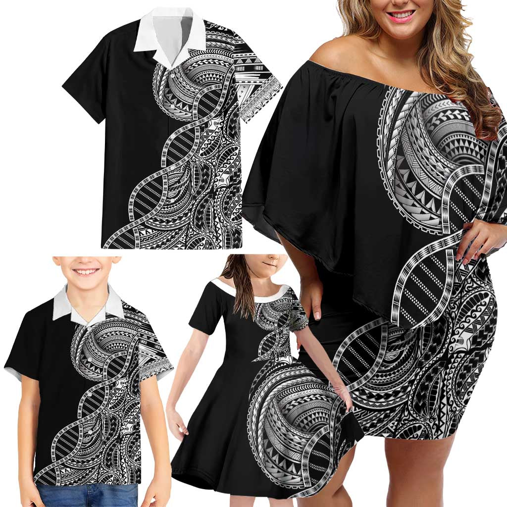 Samoan DNA Art Tattoo Family Matching Off Shoulder Short Dress and Hawaiian Shirt Polynesian Pattern Black Color