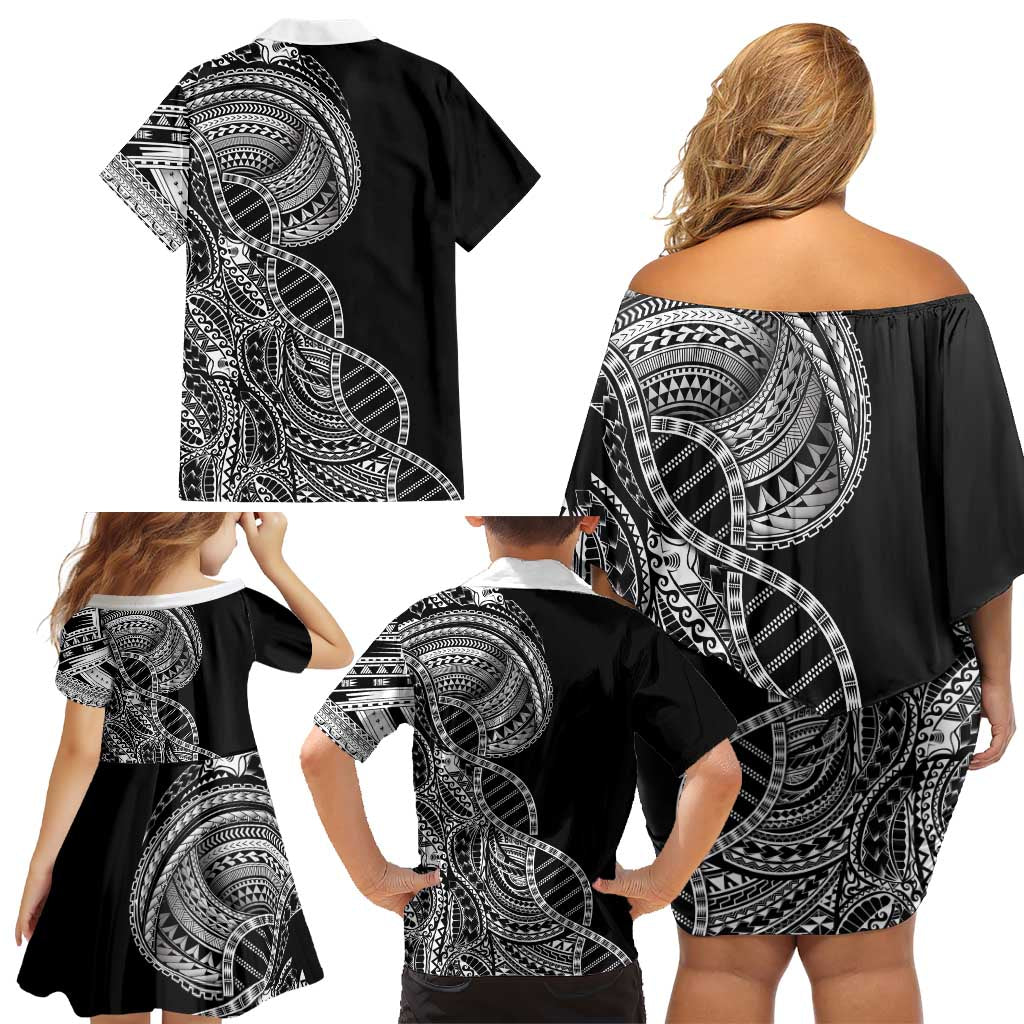 Samoan DNA Art Tattoo Family Matching Off Shoulder Short Dress and Hawaiian Shirt Polynesian Pattern Black Color