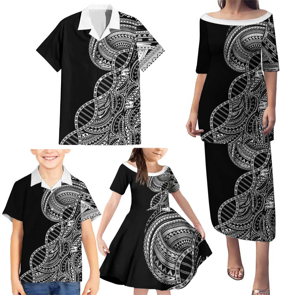 Samoan DNA Art Tattoo Family Matching Puletasi and Hawaiian Shirt Polynesian Pattern Black Color