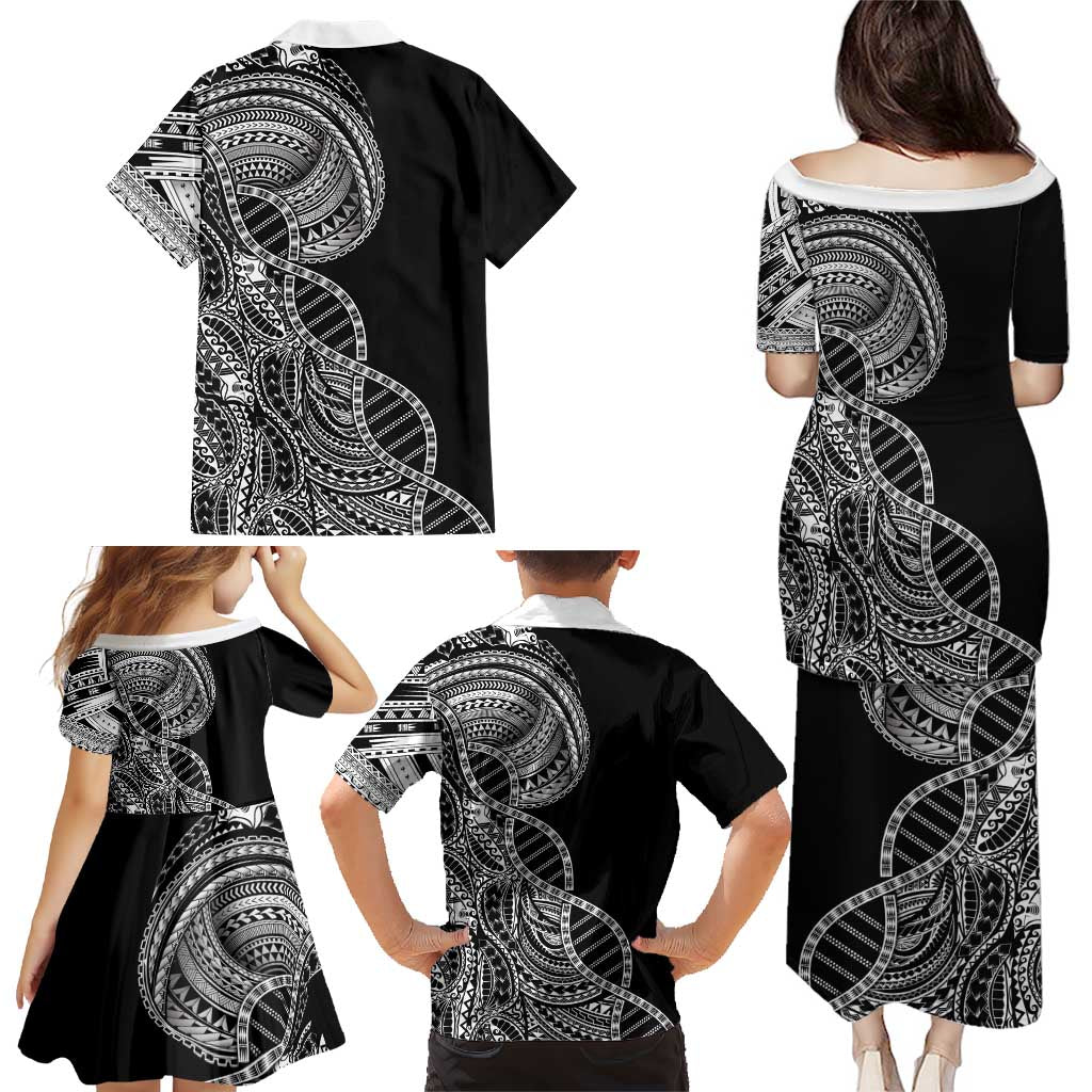 Samoan DNA Art Tattoo Family Matching Puletasi and Hawaiian Shirt Polynesian Pattern Black Color