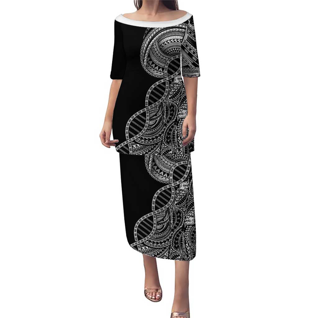Samoan DNA Art Tattoo Family Matching Puletasi and Hawaiian Shirt Polynesian Pattern Black Color