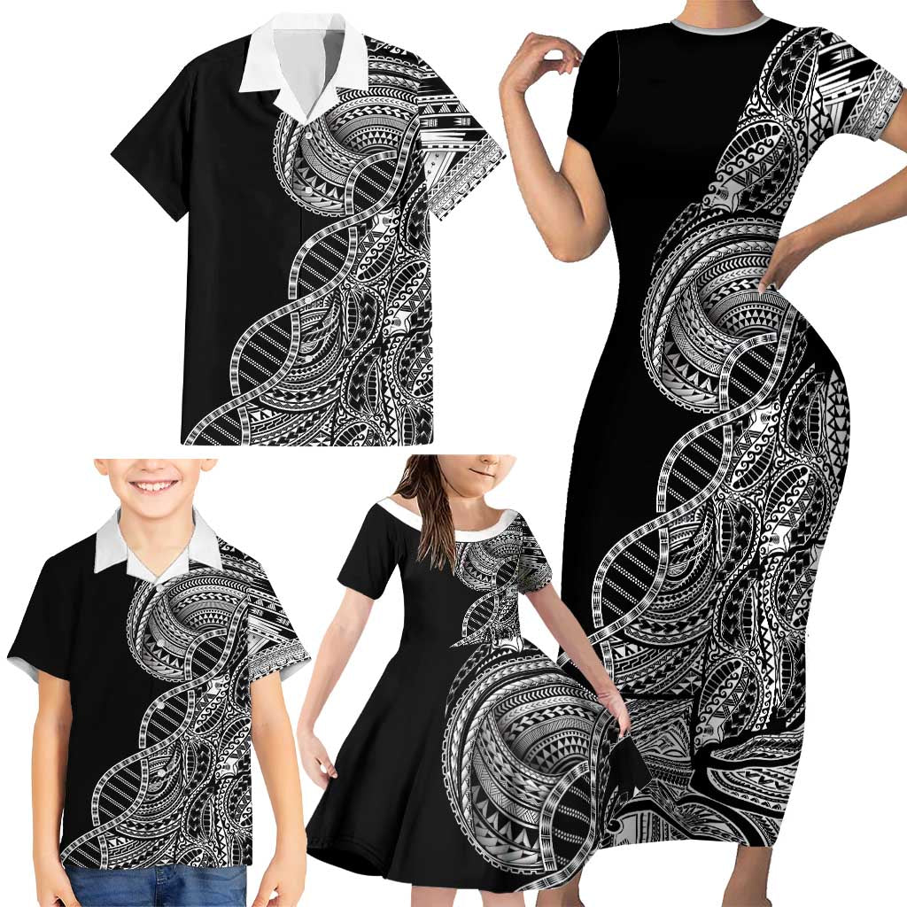 Samoan DNA Art Tattoo Family Matching Short Sleeve Bodycon Dress and Hawaiian Shirt Polynesian Pattern Black Color LT03 - Polynesian Pride