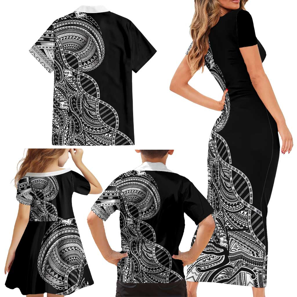 Samoan DNA Art Tattoo Family Matching Short Sleeve Bodycon Dress and Hawaiian Shirt Polynesian Pattern Black Color LT03 - Polynesian Pride