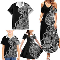 Samoan DNA Art Tattoo Family Matching Summer Maxi Dress and Hawaiian Shirt Polynesian Pattern Black Color