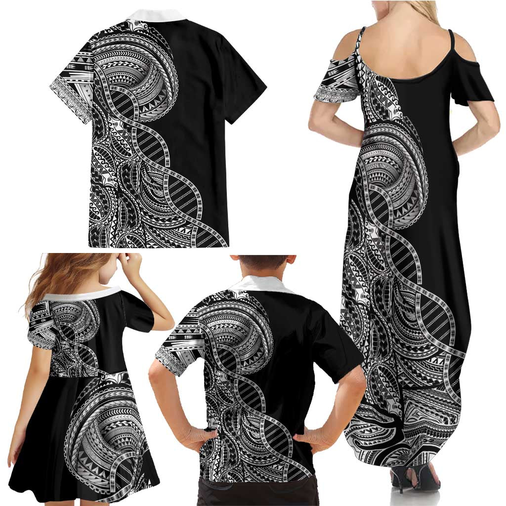 Samoan DNA Art Tattoo Family Matching Summer Maxi Dress and Hawaiian Shirt Polynesian Pattern Black Color