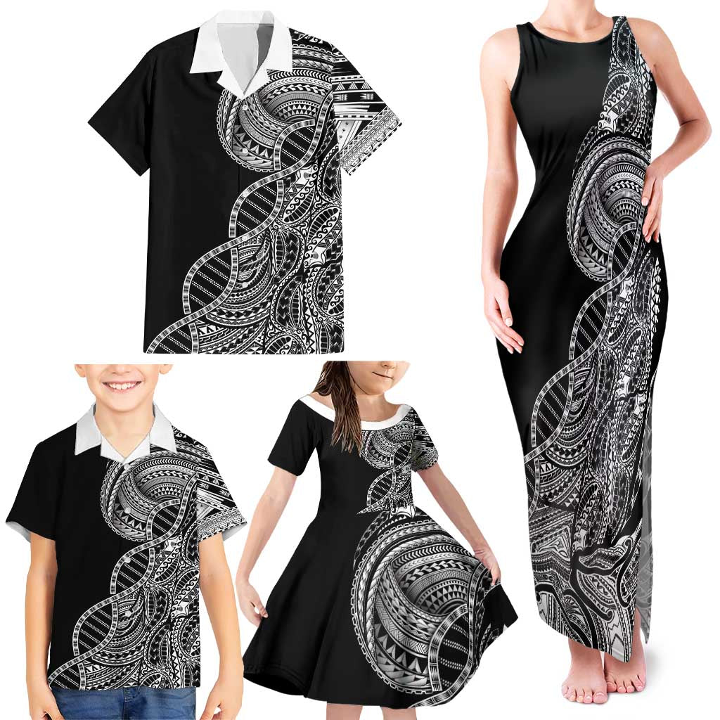 Samoan DNA Art Tattoo Family Matching Tank Maxi Dress and Hawaiian Shirt Polynesian Pattern Black Color