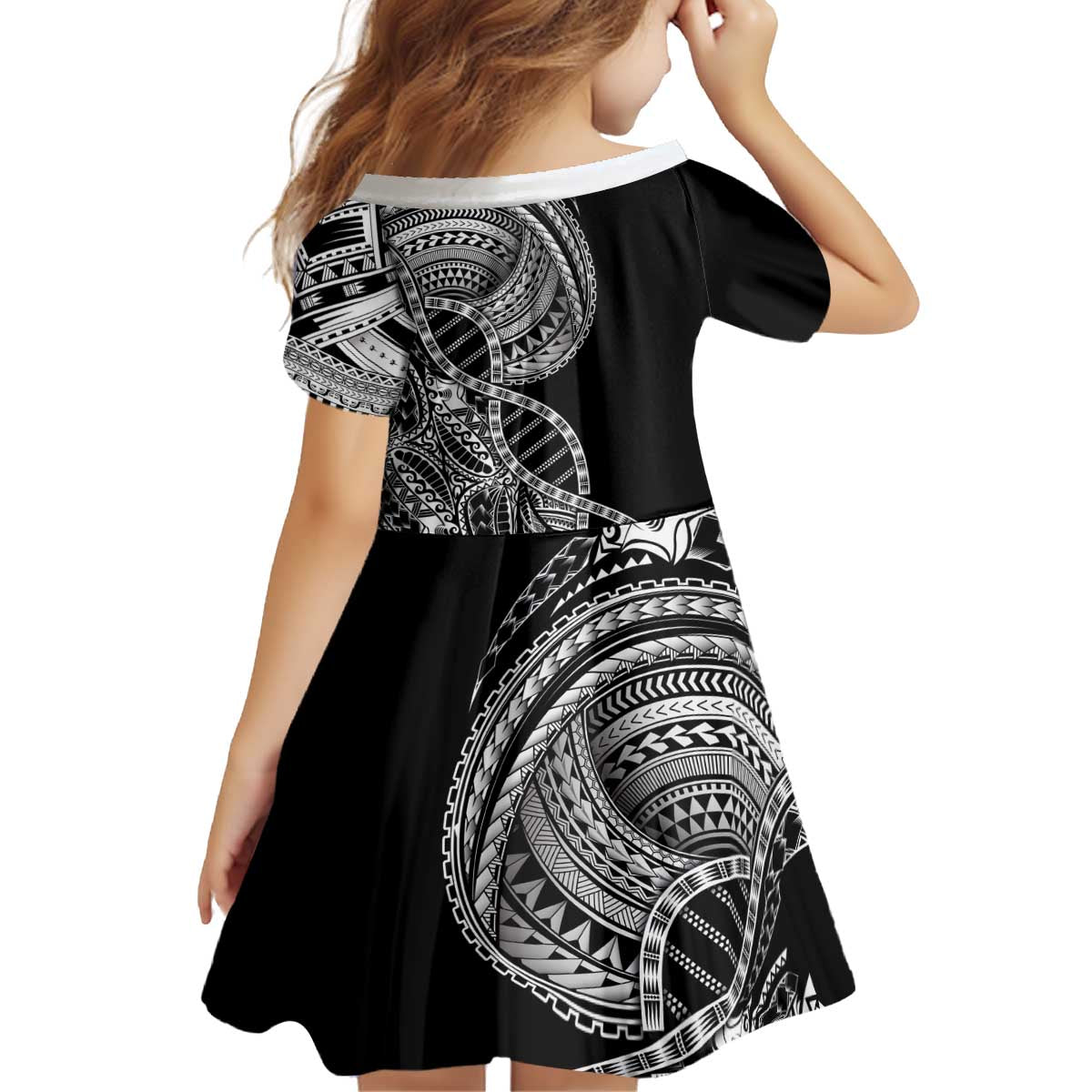 Samoan DNA Art Tattoo Kid Short Sleeve Dress Polynesian Pattern Black Color