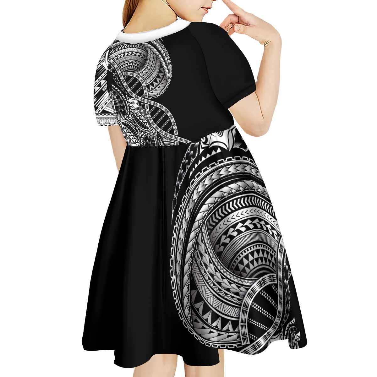 Samoan DNA Art Tattoo Kid Short Sleeve Dress Polynesian Pattern Black Color
