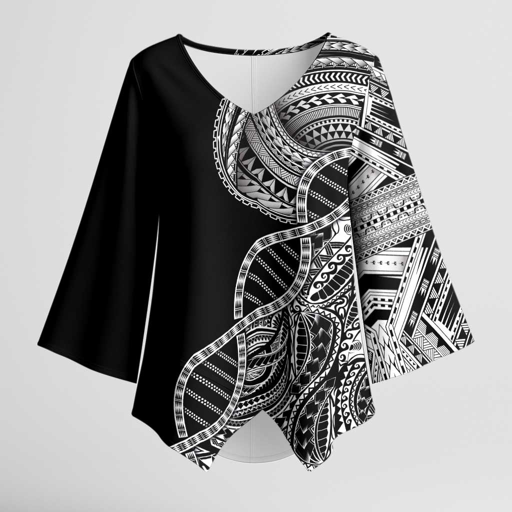 Samoan DNA Art Tattoo Kimono Sleeve Blouse Polynesian Pattern Black Color