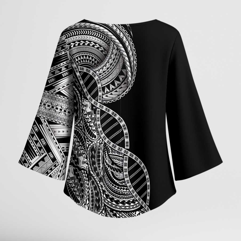 Samoan DNA Art Tattoo Kimono Sleeve Blouse Polynesian Pattern Black Color