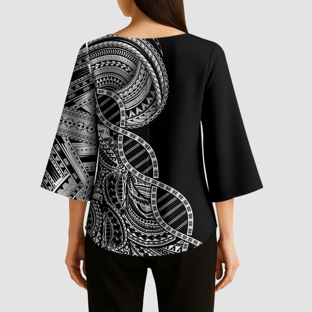 Samoan DNA Art Tattoo Kimono Sleeve Blouse Polynesian Pattern Black Color
