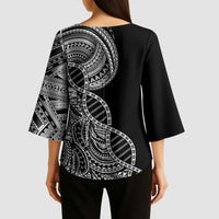 Samoan DNA Art Tattoo Kimono Sleeve Blouse Polynesian Pattern Black Color