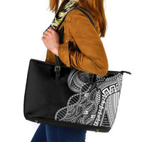 Samoan DNA Art Tattoo Leather Tote Bag Polynesian Pattern Black Color