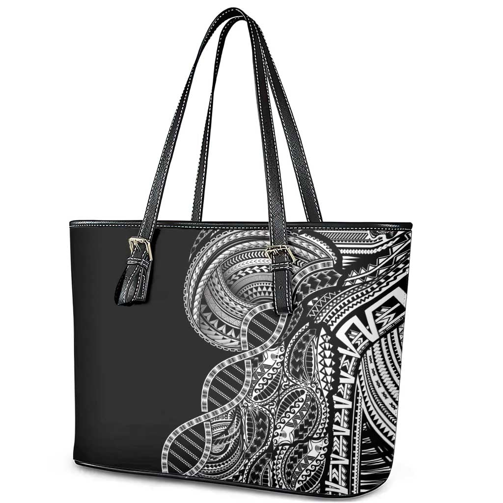 Samoan DNA Art Tattoo Leather Tote Bag Polynesian Pattern Black Color