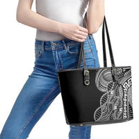 Samoan DNA Art Tattoo Leather Tote Bag Polynesian Pattern Black Color