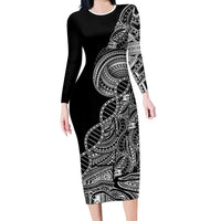 Samoan DNA Art Tattoo Long Sleeve Bodycon Dress Polynesian Pattern Black Color