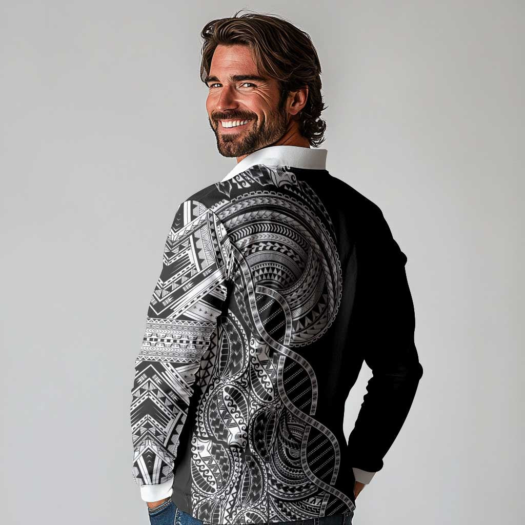 Samoan DNA Art Tattoo Long Sleeve Polo Shirt Polynesian Pattern Black Color