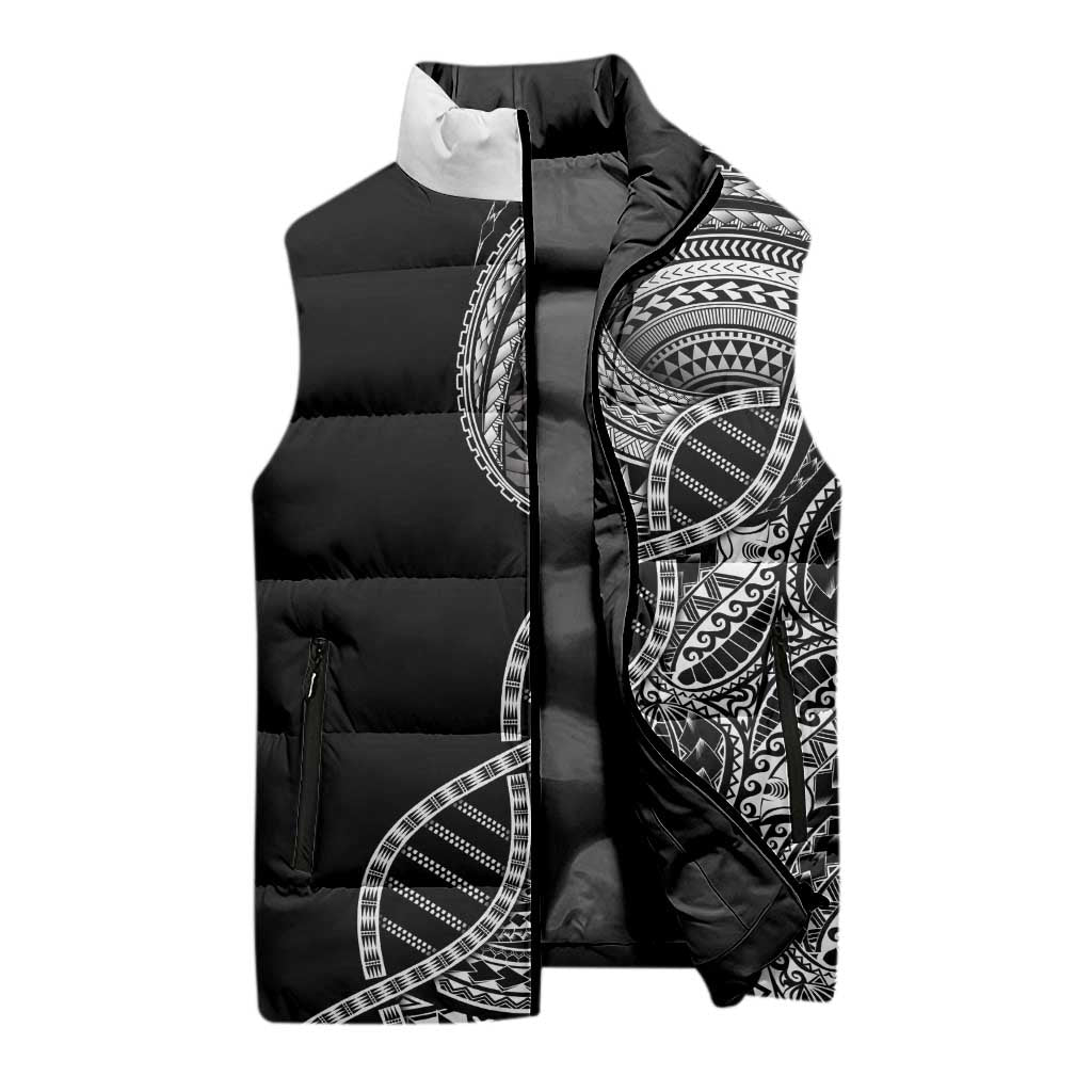 Samoan DNA Art Tattoo Sleeveless Puffer Jacket Polynesian Pattern Black Color