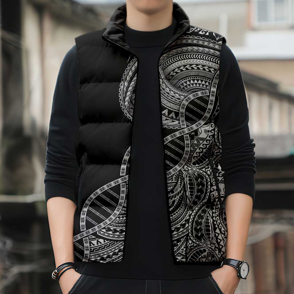 Samoan DNA Art Tattoo Sleeveless Puffer Jacket Polynesian Pattern Black Color