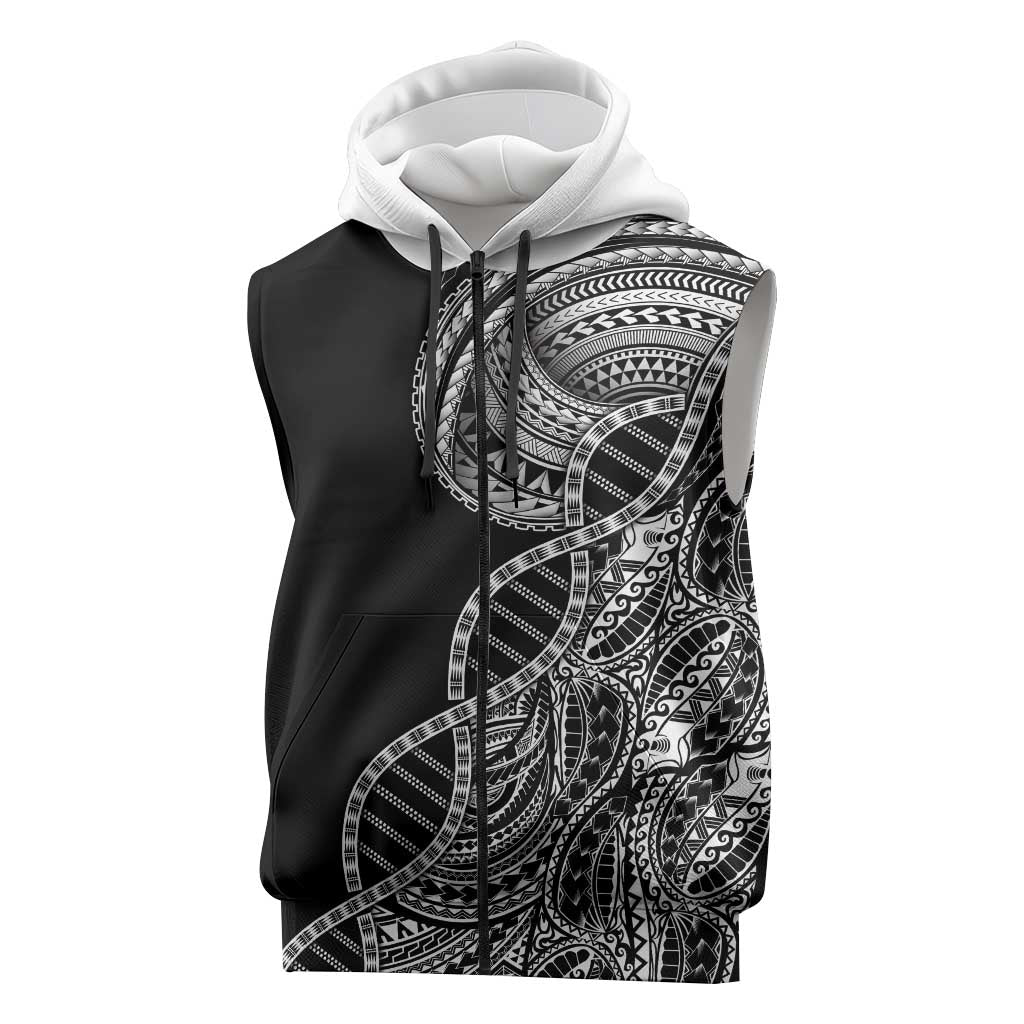 Samoan DNA Art Tattoo Sleeveless Zip Hoodie Polynesian Pattern Black Color