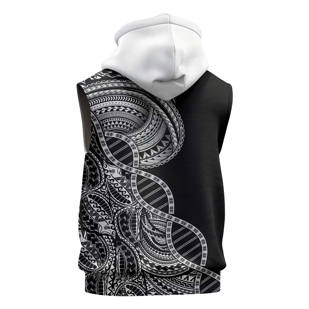 Samoan DNA Art Tattoo Sleeveless Zip Hoodie Polynesian Pattern Black Color