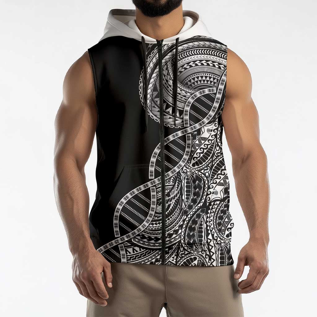 Samoan DNA Art Tattoo Sleeveless Zip Hoodie Polynesian Pattern Black Color