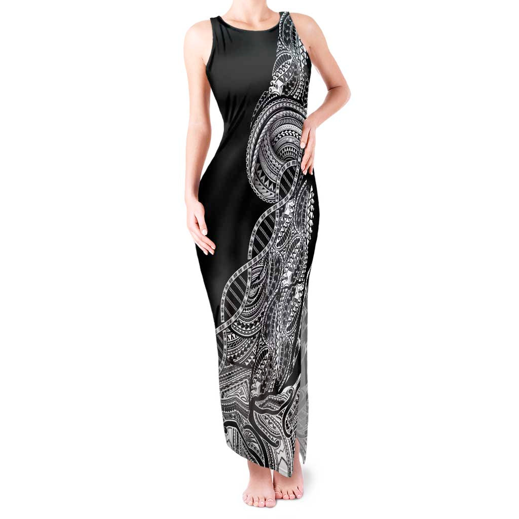 Samoan DNA Art Tattoo Tank Maxi Dress Polynesian Pattern Black Color