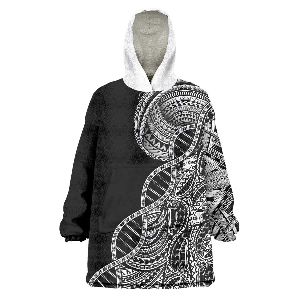 Samoan DNA Art Tattoo Wearable Blanket Hoodie Polynesian Pattern Black Color