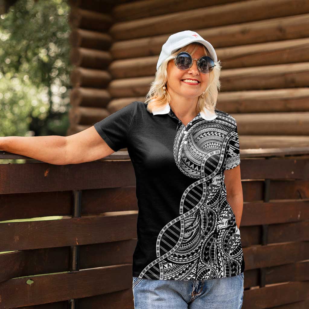 Samoan DNA Art Tattoo Women Polo Shirt Polynesian Pattern Black Color