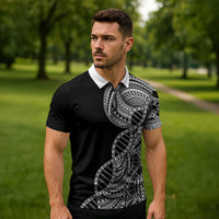 Samoan DNA Art Tattoo Zipper Polo Shirt Polynesian Pattern Black Color