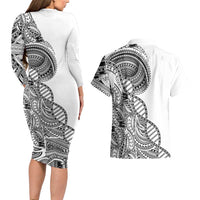 Samoan DNA Art Tattoo Couples Matching Long Sleeve Bodycon Dress and Hawaiian Shirt Polynesian Pattern White Color