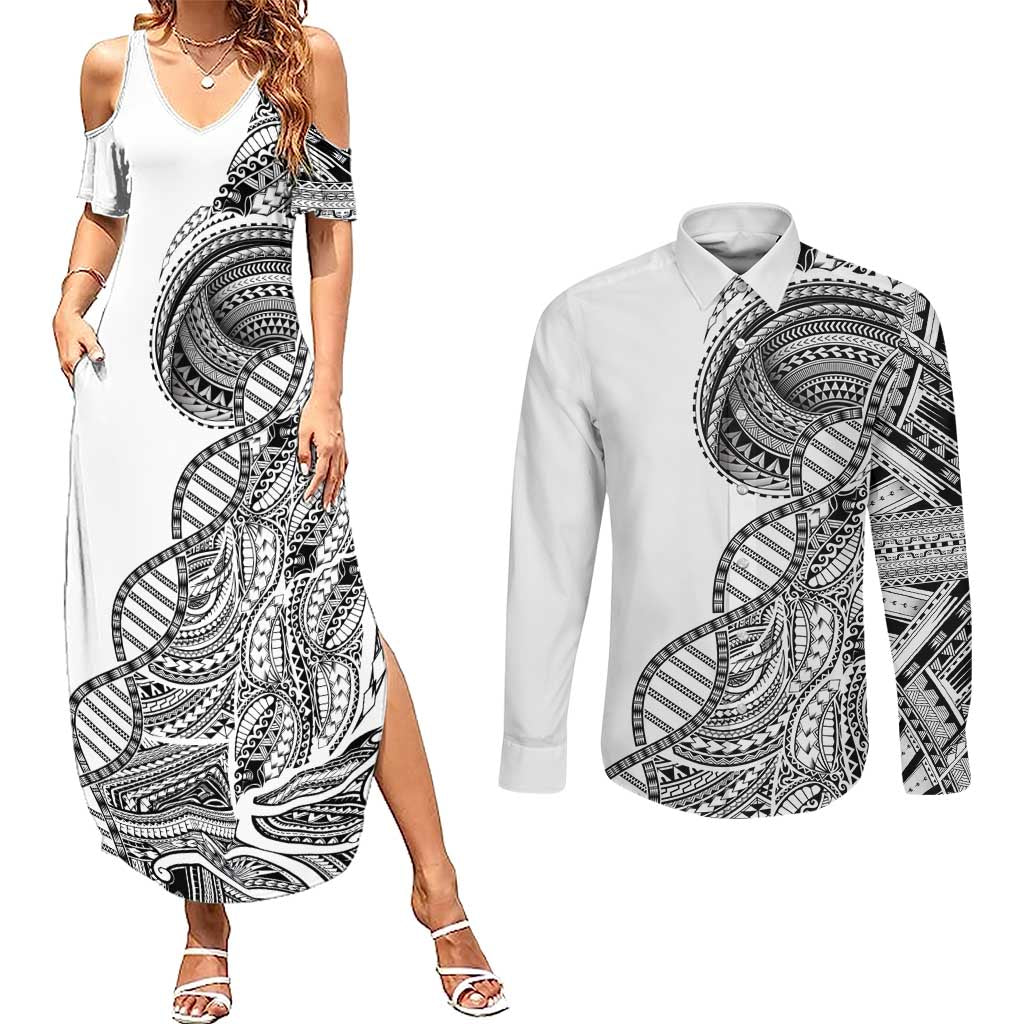 Samoan DNA Art Tattoo Couples Matching Summer Maxi Dress and Long Sleeve Button Shirt Polynesian Pattern White Color