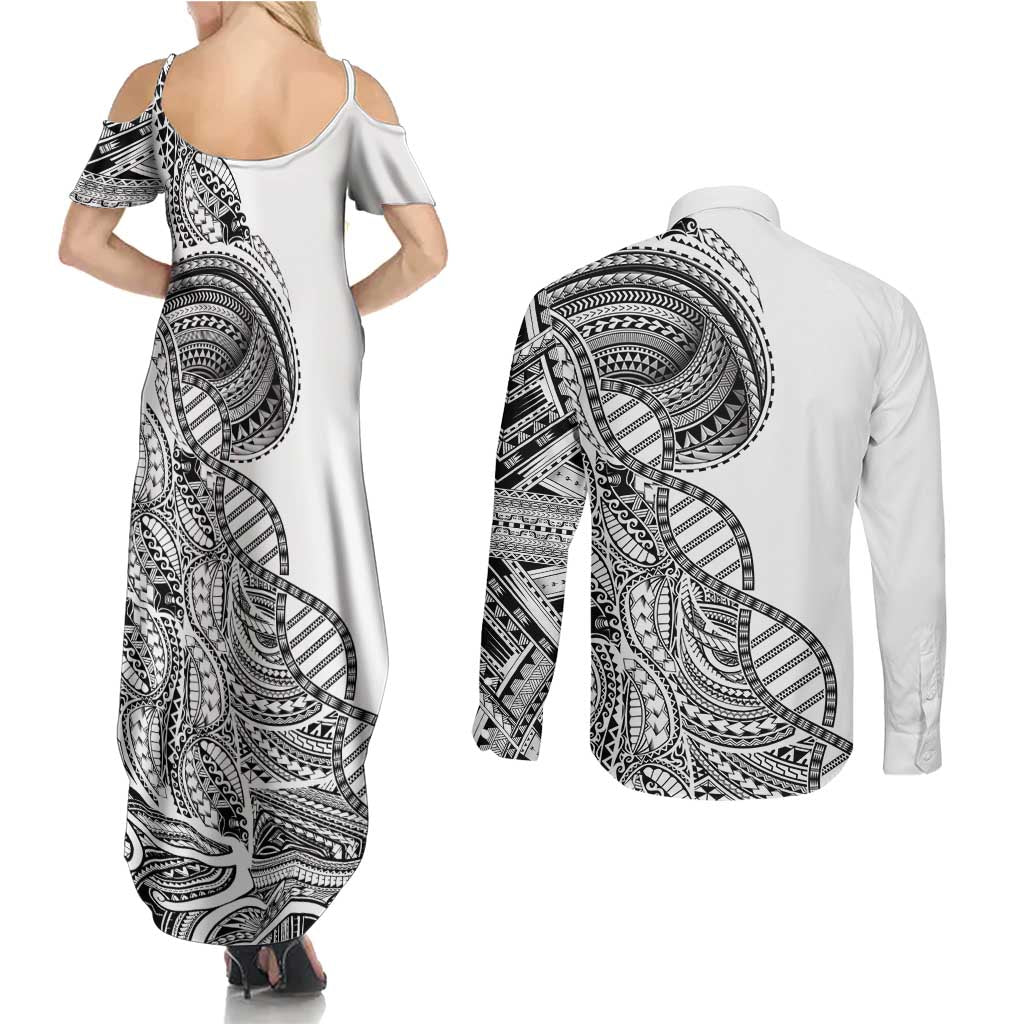 Samoan DNA Art Tattoo Couples Matching Summer Maxi Dress and Long Sleeve Button Shirt Polynesian Pattern White Color