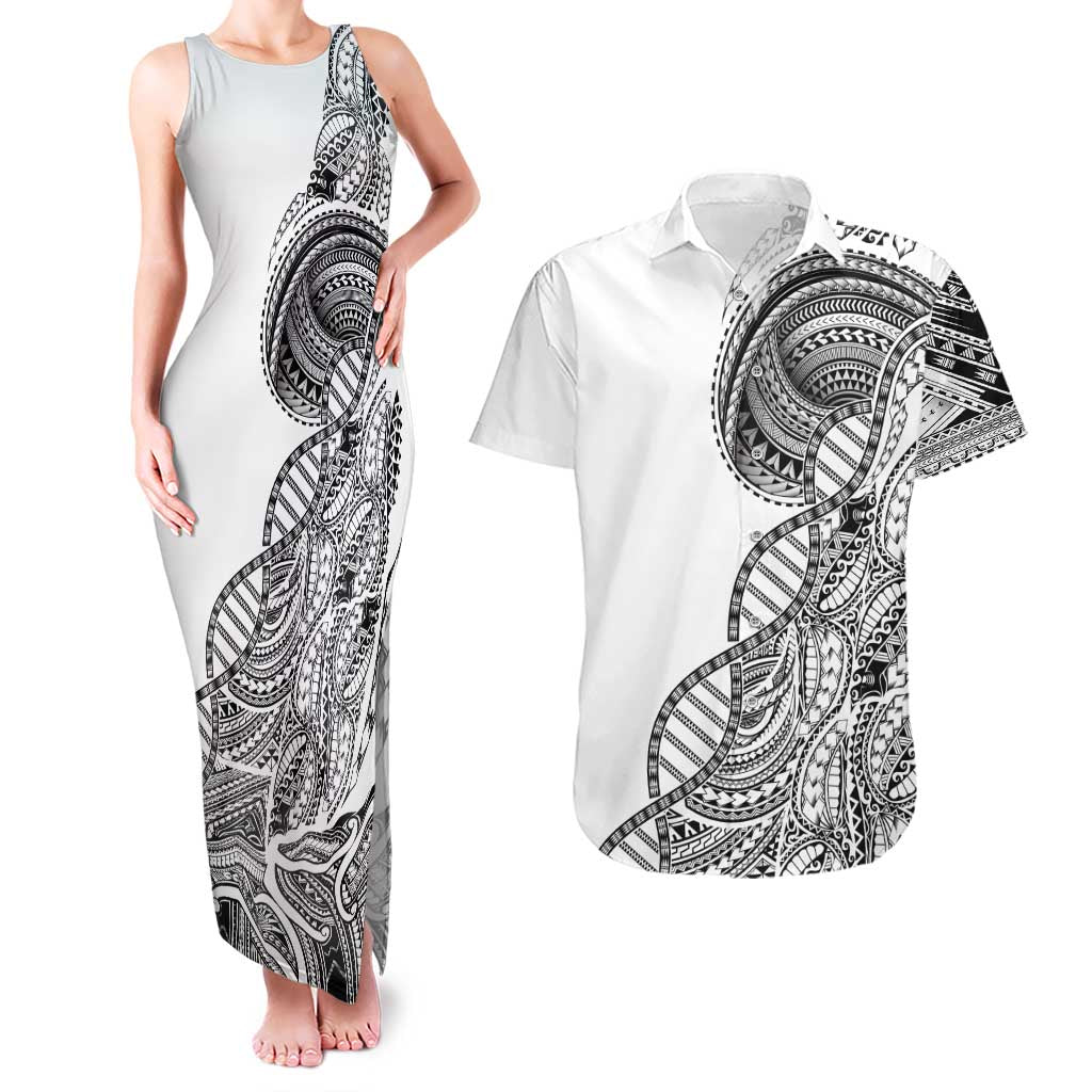 Samoan DNA Art Tattoo Couples Matching Tank Maxi Dress and Hawaiian Shirt Polynesian Pattern White Color