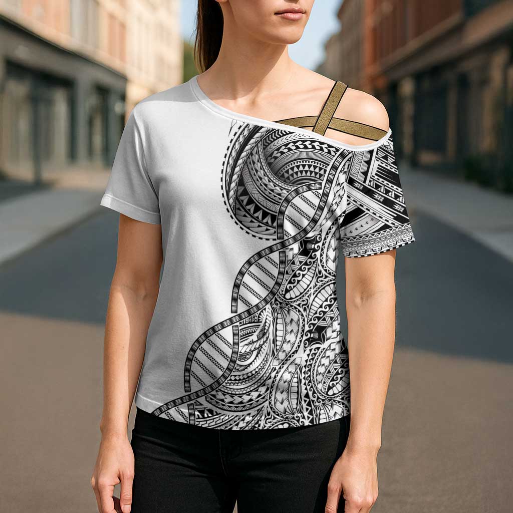 Samoan DNA Art Tattoo Cross Shoulder Shirt Polynesian Pattern White Color