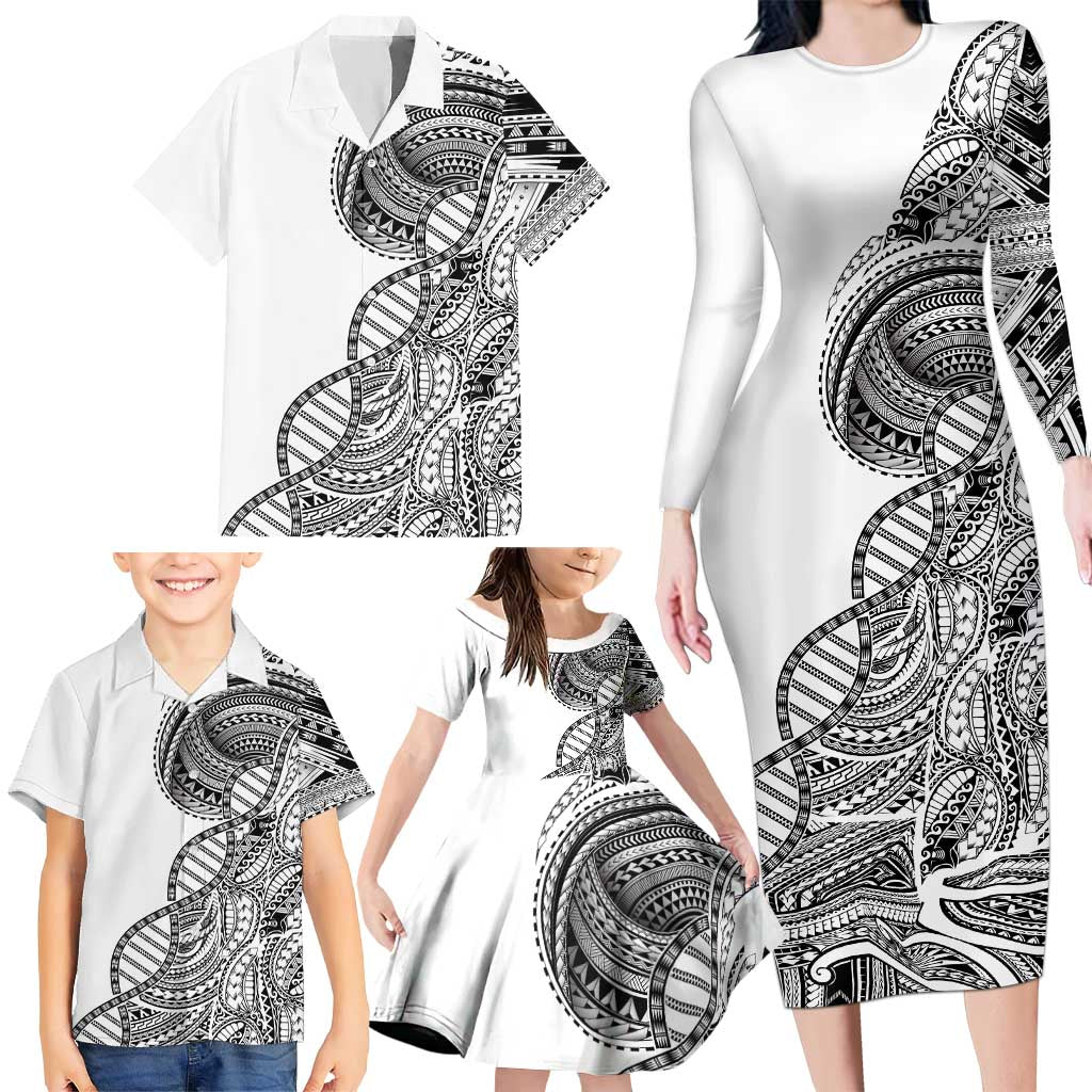 Samoan DNA Art Tattoo Family Matching Long Sleeve Bodycon Dress and Hawaiian Shirt Polynesian Pattern White Color LT03 - Polynesian Pride