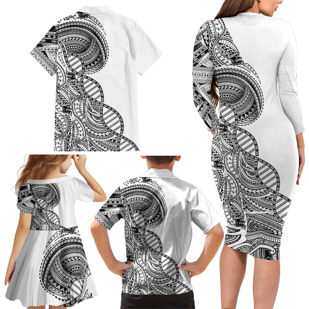 Samoan DNA Art Tattoo Family Matching Long Sleeve Bodycon Dress and Hawaiian Shirt Polynesian Pattern White Color LT03 - Polynesian Pride