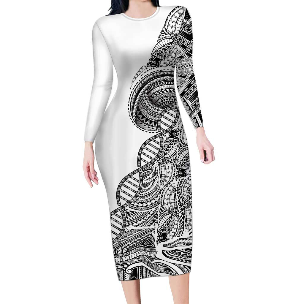 Samoan DNA Art Tattoo Family Matching Long Sleeve Bodycon Dress and Hawaiian Shirt Polynesian Pattern White Color LT03 Mom's Dress White - Polynesian Pride