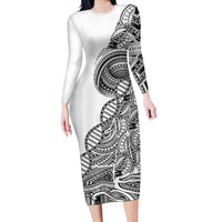 Samoan DNA Art Tattoo Family Matching Long Sleeve Bodycon Dress and Hawaiian Shirt Polynesian Pattern White Color LT03 Mom's Dress White - Polynesian Pride
