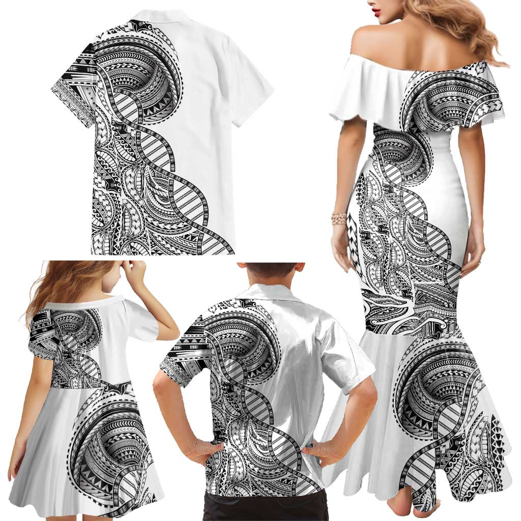 Samoan DNA Art Tattoo Family Matching Mermaid Dress and Hawaiian Shirt Polynesian Pattern White Color