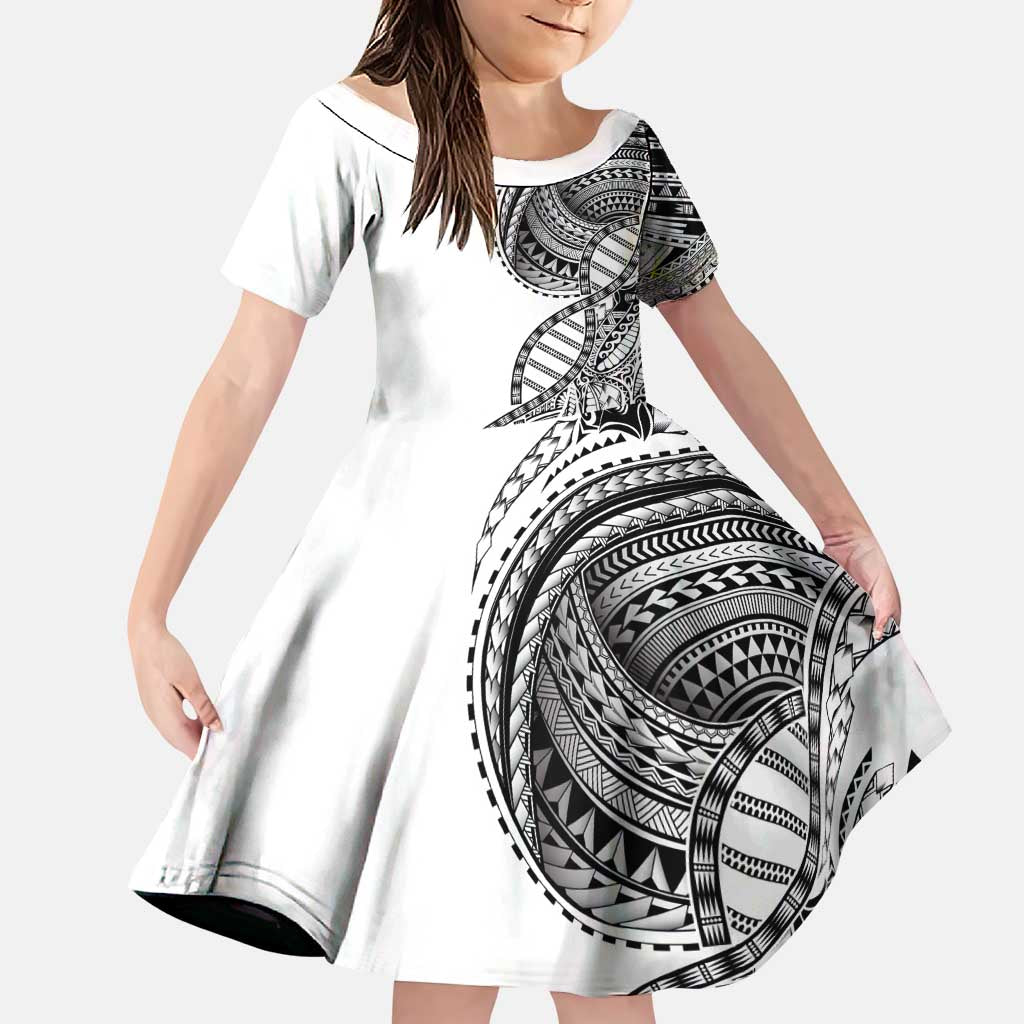 Samoan DNA Art Tattoo Family Matching Off The Shoulder Long Sleeve Dress and Hawaiian Shirt Polynesian Pattern White Color LT03 Daughter's Dress White - Polynesian Pride